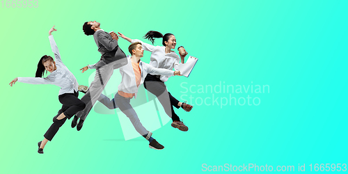 Image of Happy office workers jumping and dancing in casual clothes or suit on gradient neon fluid background. Flyer with copyspace