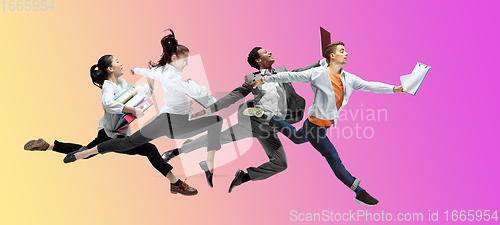 Image of Happy office workers jumping and dancing in casual clothes or suit on gradient neon fluid background. Flyer with copyspace