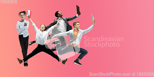 Image of Happy office workers jumping and dancing in casual clothes or suit on gradient neon fluid background. Flyer with copyspace