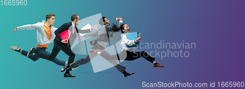 Image of Happy office workers jumping and dancing in casual clothes or suit on gradient neon fluid background. Flyer with copyspace