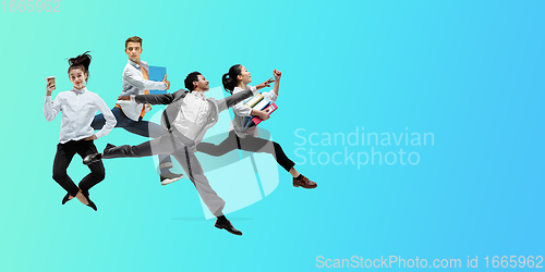 Image of Happy office workers jumping and dancing in casual clothes or suit on gradient neon fluid background. Flyer with copyspace