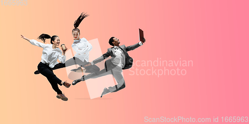 Image of Happy office workers jumping and dancing in casual clothes or suit on gradient neon fluid background. Flyer with copyspace