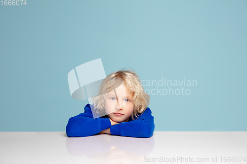 Image of Happy curly boy isolated on blue studio background. Looks happy, cheerful, sincere. Copyspace. Childhood, education, emotions concept