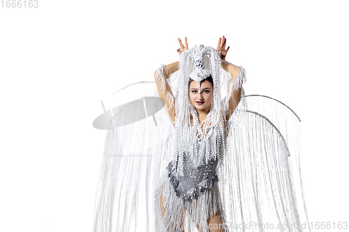 Image of Beautiful young woman in carnival, stylish masquerade costume with feathers dancing on white studio background. Concept of holidays celebration, festive time, fashion