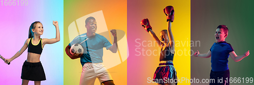 Image of Portrait of young sportive people on neon gradient studio background, collage