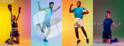 Image of Portrait of young sportive people on neon gradient studio background, collage