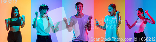 Image of Portrait of young cheerful people on neon gradient studio background, collage