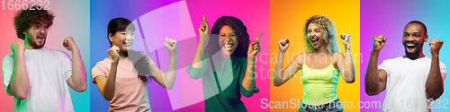 Image of Portrait of young cheerful people on neon gradient studio background, collage