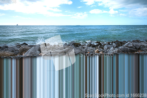 Image of Art vision of travel concept - lines design on beautiful nature scenery for vacation. Modern artwork, contemporary art collage.