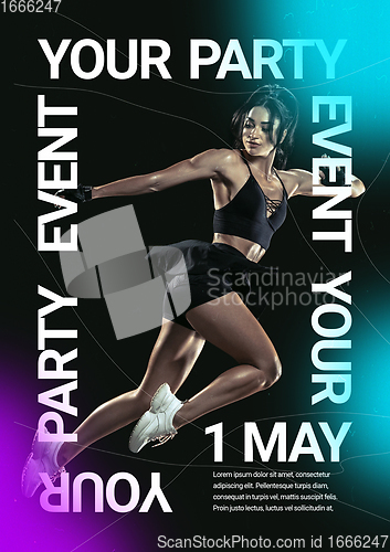 Image of Sport event poster in neoned colors. Template, copyspace for your design