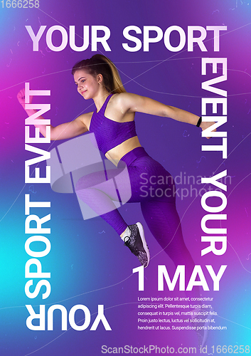 Image of Sport event poster in neoned colors. Template, copyspace for your design