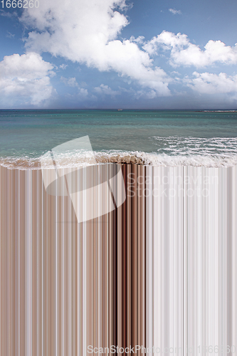 Image of Art vision of travel concept - lines design on beautiful nature scenery for vacation. Modern artwork, contemporary art collage.
