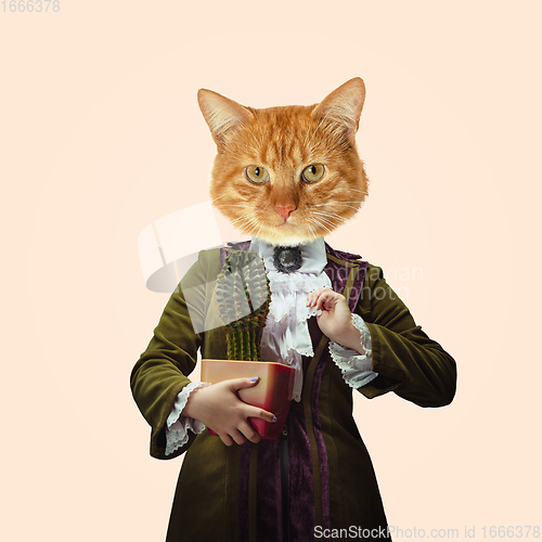 Image of Model like medieval royalty person in vintage clothing headed by cat head. Concept of comparison of eras, artwork, renaissance, baroque style. Creative collage.