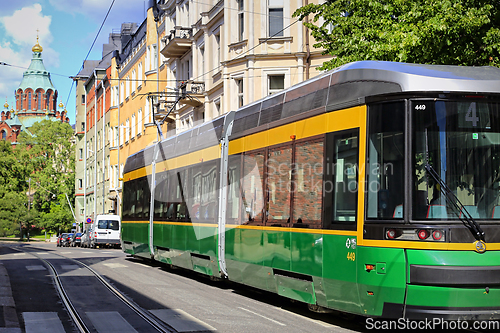 Image of Green HSL Tram Helsinki Finland