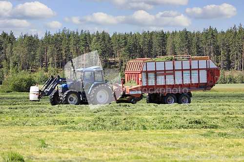 Image of Collecting Cut Hay for Silage With Forage Wagon