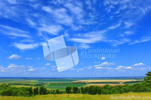 Image of Picturesque summer cloudscape over fields, meadows, forests, roa