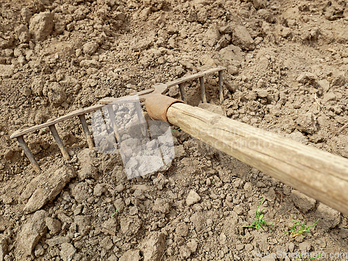 Image of Old rusty metal rake with a wooden handle on the ground, close-u
