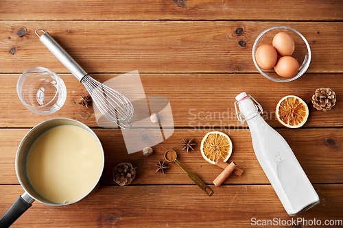 Image of pot with eggnog, ingredients and spices on wood