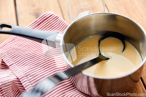 Image of pot with eggnog and ladle on kitchen towel