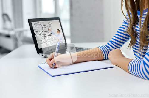 Image of student girl with exercise book, pen and laptop