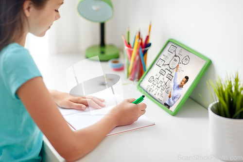 Image of girl with tablet pc writing to notebook at home