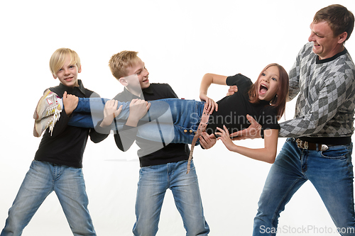 Image of Dad and sons pull sister in different directions, white background