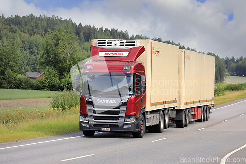 Image of Red Scania G Truck Prosi FNA Trailer on Road