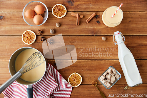 Image of pot with eggnog, ingredients and spices on wood
