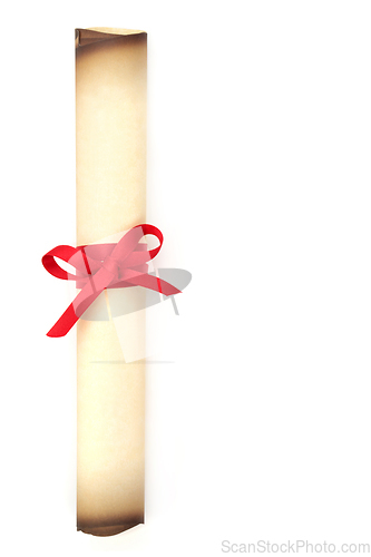 Image of Old Parchment Scroll Tied with Red Ribbon