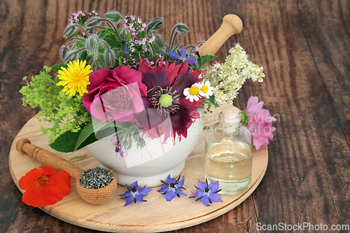 Image of Essential Oil Preparation with Fresh Herbs and Flowers