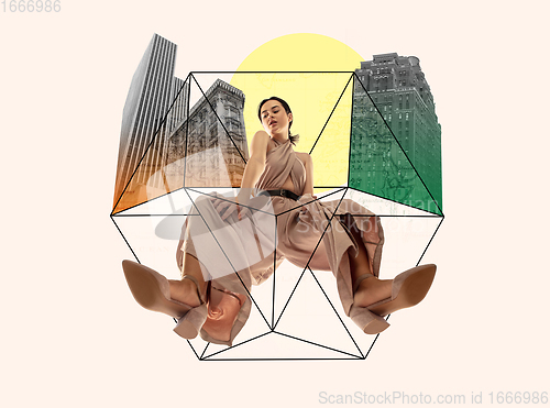 Image of Stylish woman, urban style, geometric modern design. Contemporary art. Creative conceptual and colorful collage.