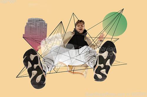 Image of Stylish man, urban style, geometric modern design. Contemporary art. Creative conceptual and colorful collage.