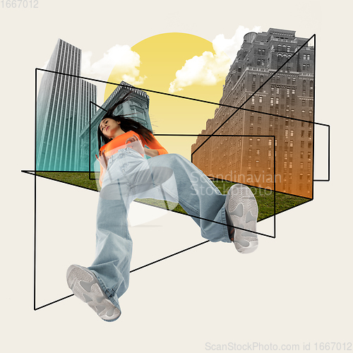 Image of Stylish woman, urban style, geometric modern design. Contemporary art. Creative conceptual and colorful collage.