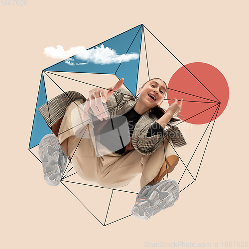 Image of Stylish woman, urban style, geometric modern design. Contemporary art. Creative conceptual and colorful collage.