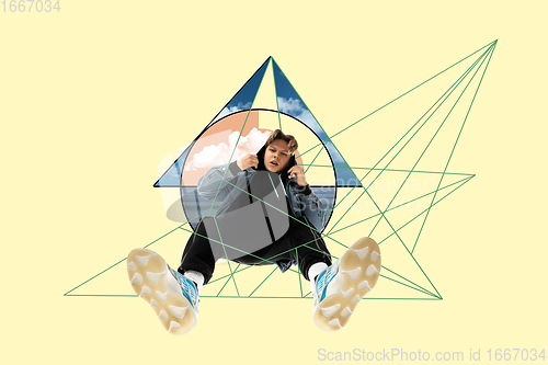 Image of Stylish man, urban style, geometric modern design. Contemporary art. Creative conceptual and colorful collage.