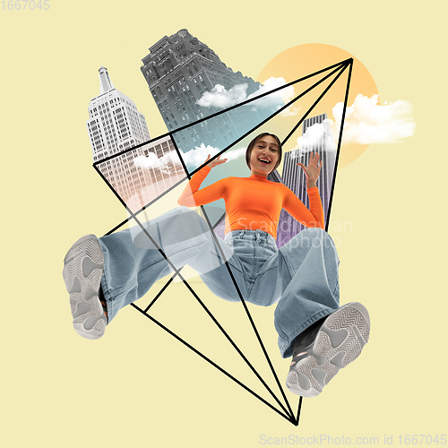 Image of Stylish woman, urban style, geometric modern design. Contemporary art. Creative conceptual and colorful collage.