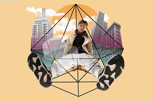 Image of Stylish man, urban style, geometric modern design. Contemporary art. Creative conceptual and colorful collage.