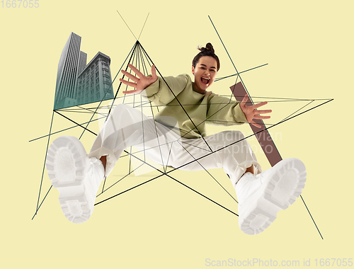 Image of Stylish woman, urban style, geometric modern design. Contemporary art. Creative conceptual and colorful collage.