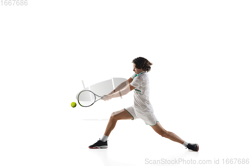 Image of Young caucasian professional sportsman playing tennis isolated on white background