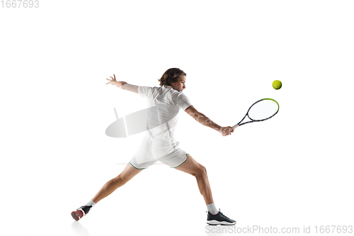 Image of Young caucasian professional sportsman playing tennis isolated on white background