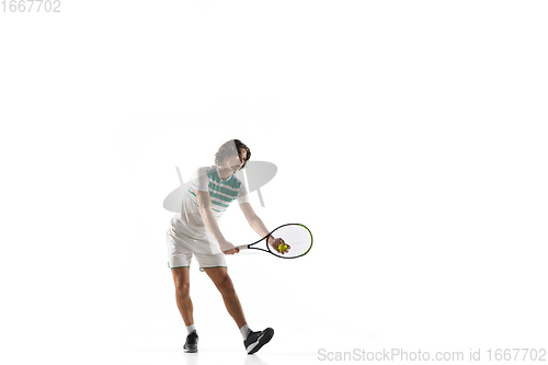 Image of Young caucasian professional sportsman playing tennis isolated on white background