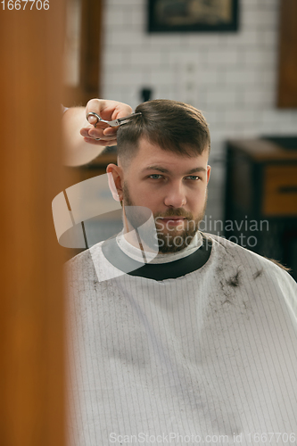 Image of Close up of client of master barber, stylist during getting care of hairstyle. Professional occupation, male beauty concept