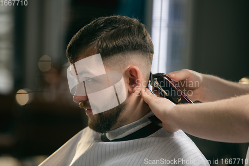 Image of Close up of client of master barber, stylist during getting care of hairstyle. Professional occupation, male beauty concept