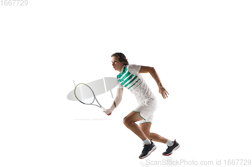 Image of Young caucasian professional sportsman playing tennis isolated on white background