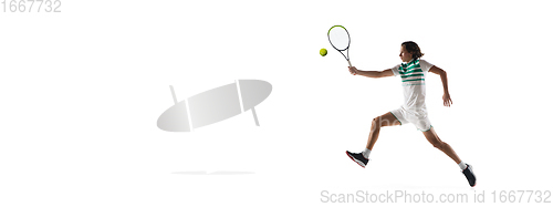 Image of Young caucasian professional sportsman playing tennis isolated on white background