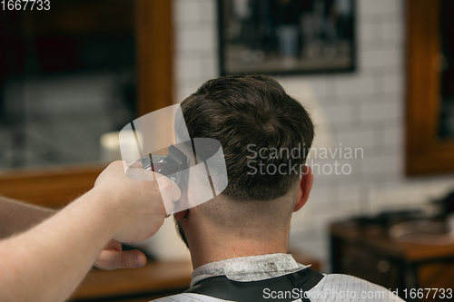 Image of Close up of client of master barber, stylist during getting care of hairstyle. Professional occupation, male beauty concept