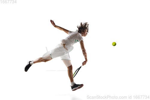 Image of Young caucasian professional sportsman playing tennis isolated on white background