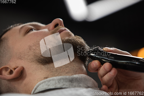 Image of Close up of client of master barber, stylist during getting care of mustache and beard. Professional occupation, male beauty concept