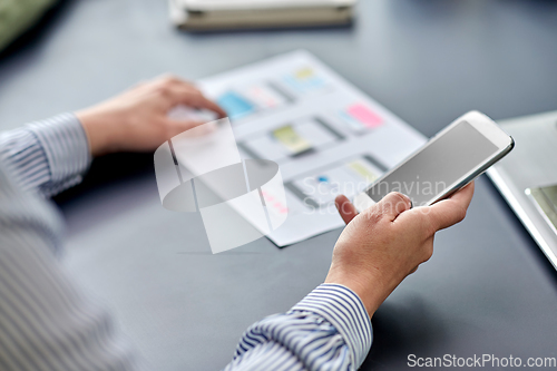 Image of hands with phone working on ui design at office