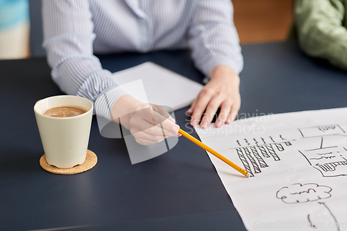 Image of close up of hands with scheme and pencil at office